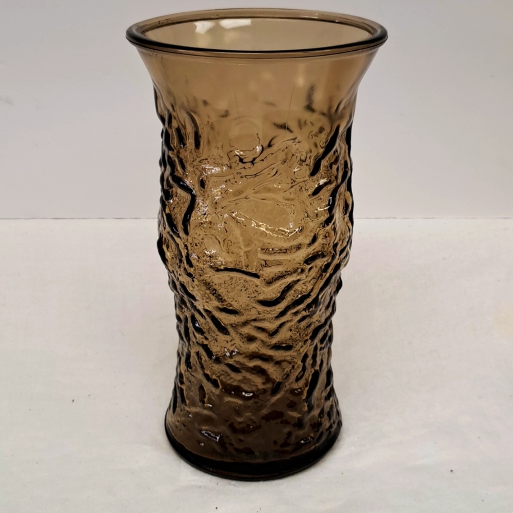 Vintage EO Brody smoked glass crinkle tall 9.5”  vase